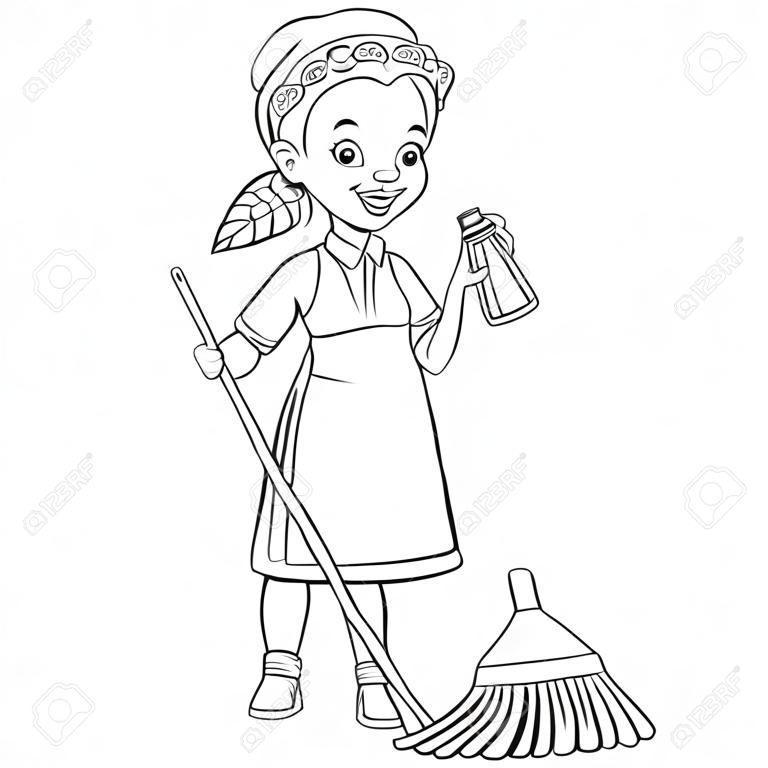 Coloring page. Coloring picture of cartoon cleaner lady, young girl busy about house cleaning. Childish design for kids activity colouring book about people professions.