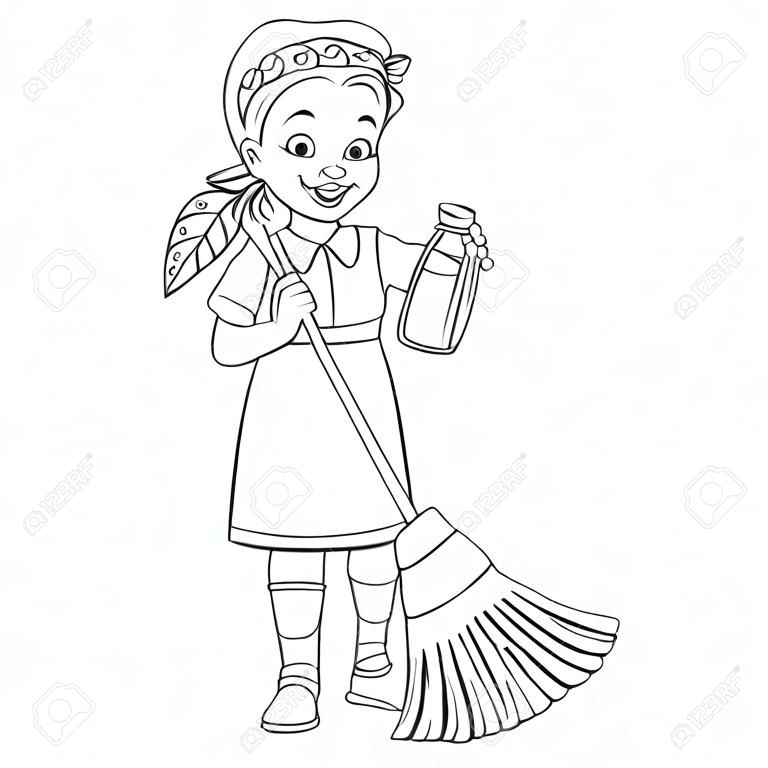 Coloring page. Coloring picture of cartoon cleaner lady, young girl busy about house cleaning. Childish design for kids activity colouring book about people professions.