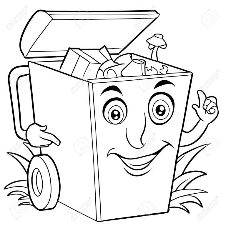 Coloring page. Coloring picture of cartoon trash can full of garbage. Childish design for kids activity colouring book about environment protection.