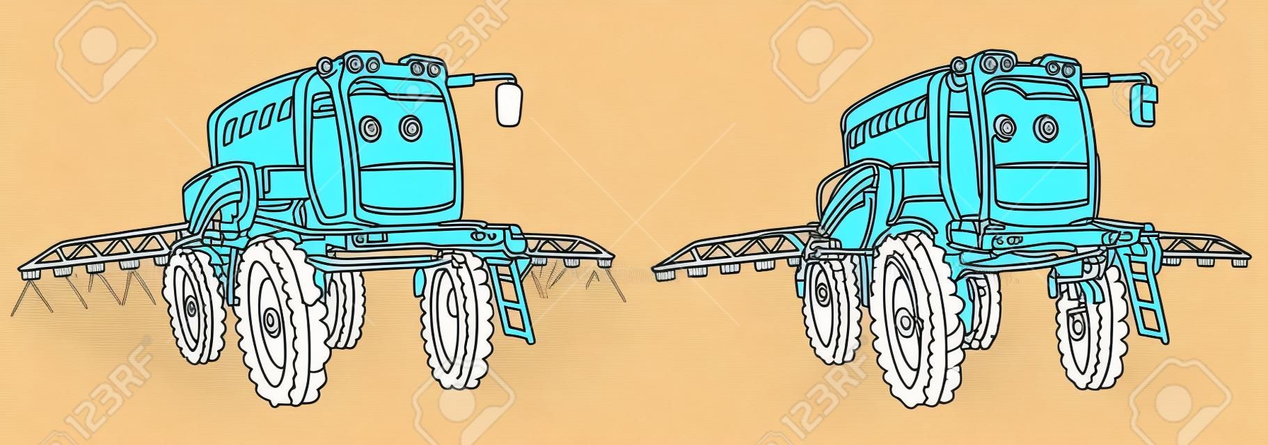 Coloring page with crop irrigation machine. Line art drawing for kids activity coloring book. Colorful clip art. Vector illustration.