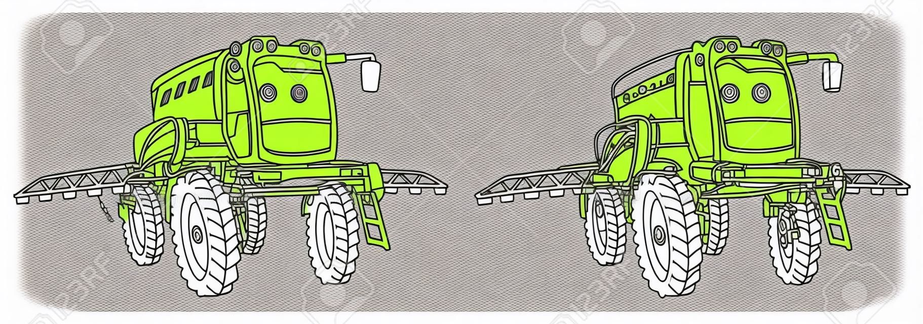 Coloring page with crop irrigation machine. Line art drawing for kids activity coloring book. Colorful clip art. Vector illustration.