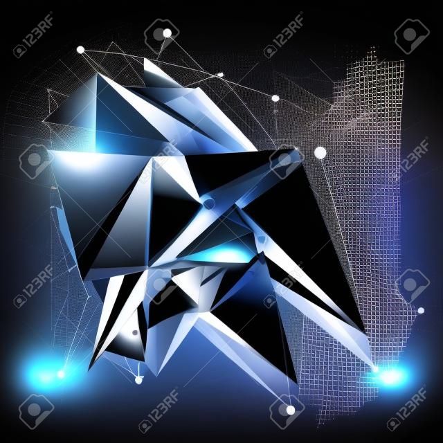 3D modern cybernetic abstract background, origami futuristic template with lines mesh. Asymmetric figure with black and white wireframe.