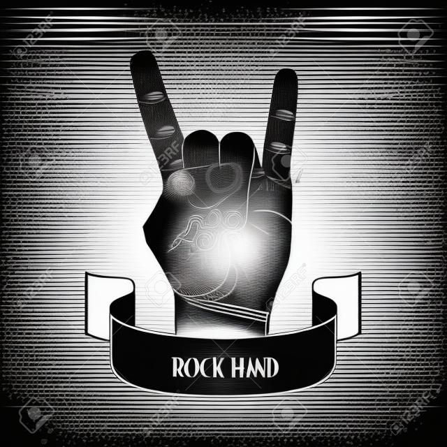 Rock on hand creatief bord met lint, muziek embleem, rock n roll, hard rock, heavy metal, muziek, gedetailleerde zwart-wit vector illustratie.