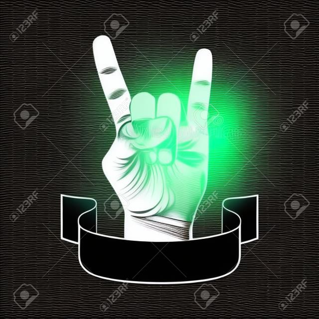 Rock on hand creatief bord met lint, muziek embleem, rock n roll, hard rock, heavy metal, muziek, gedetailleerde zwart-wit vector illustratie.