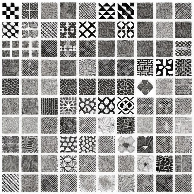 Conjunto de 100 padrões geométricos sem costura, coleção de fundos vetoriais preto e branco.