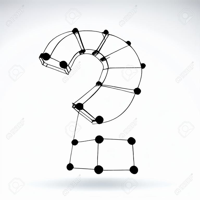 3d mesh stylish monochrome web question mark sign isolated on white background, black and white elegant carcass query icon, dimensional sketch tech punctuation mark, single color clear eps 8 vector illustration.