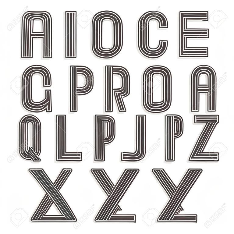 Retro style alphabet, striped letters vector typeface.