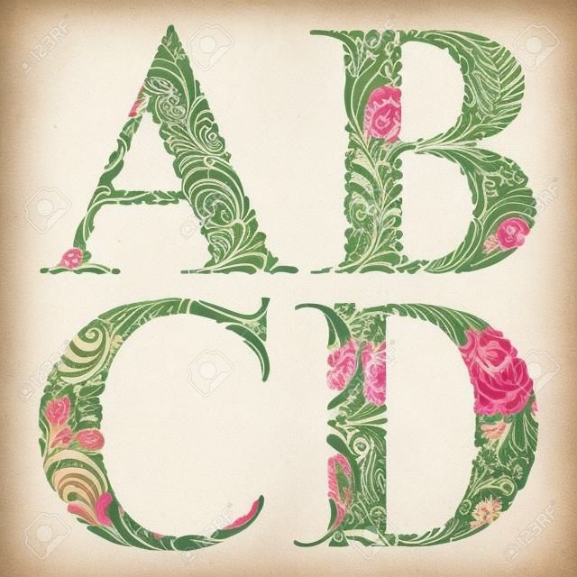 Floral alphabet, vintage letters a b c d.