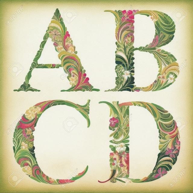 Floral alphabet, vintage letters a b c d.