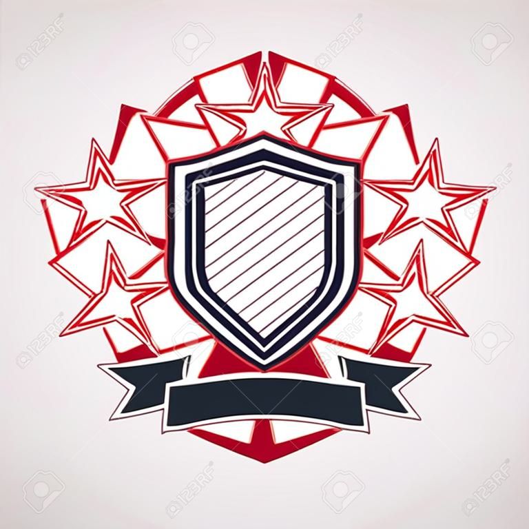 Reale stilizzato simbolo grafico vettoriale. Scudo con stelle 3d e decorativo nastro rosso. Chiaro eps8 stemma - idea militari e protezione.