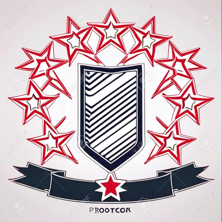 Royal gestileerde vector grafisch symbool. Schild met 3D-sterren en decoratieve rode lint. Duidelijke eps8 wapenschild â €... militaire en bescherming idee.