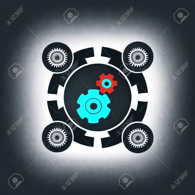 Vector illustration of gears - enterprise system theme, international business strategy concept. Cog-wheels, moving parts and people â€“ components of manufacturing process.