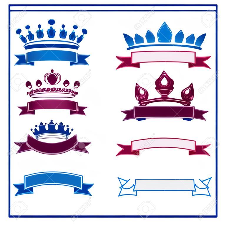 Stylized royal 3d vector design elements, set of king crowns. Majestic symbols with decorative festive ribbon isolated on white. Coronation idea.