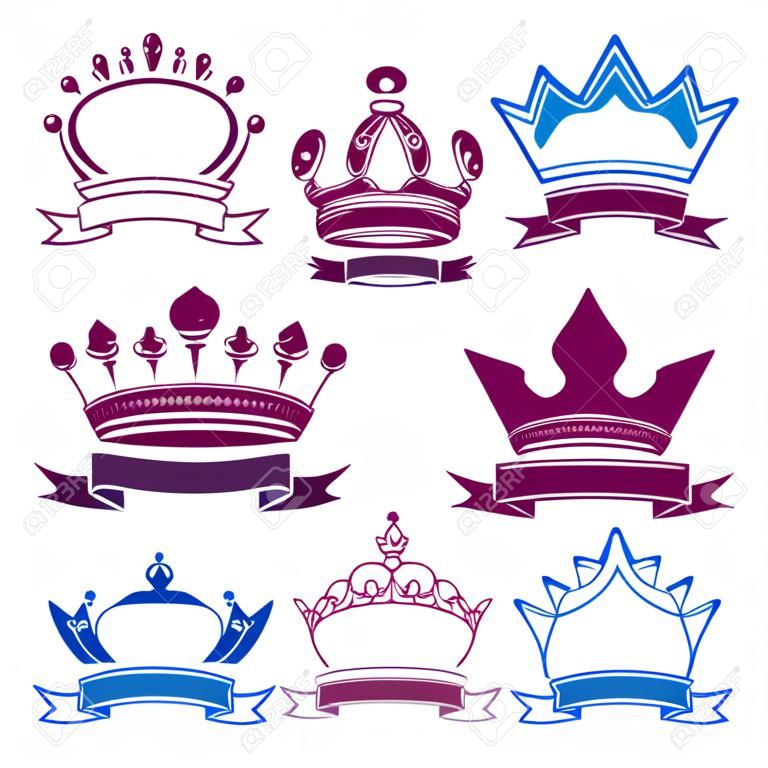 Stylized royal 3d vector design elements, set of king crowns. Majestic symbols with decorative festive ribbon isolated on white. Coronation idea.