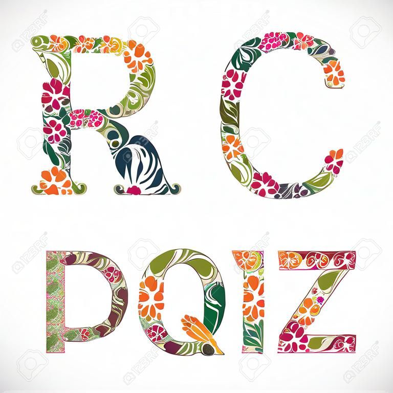 Floral font, hand-drawn vector capital alphabet letters decorated with botanical pattern. Colorful ornamental typescript, vintage design lettering.