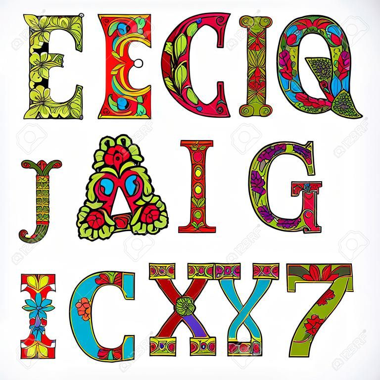Bloemen lettertype, met de hand getekend vector hoofdletter alfabet letters versierd met botanisch patroon. Kleurrijke sierschrift, vintage design letters.