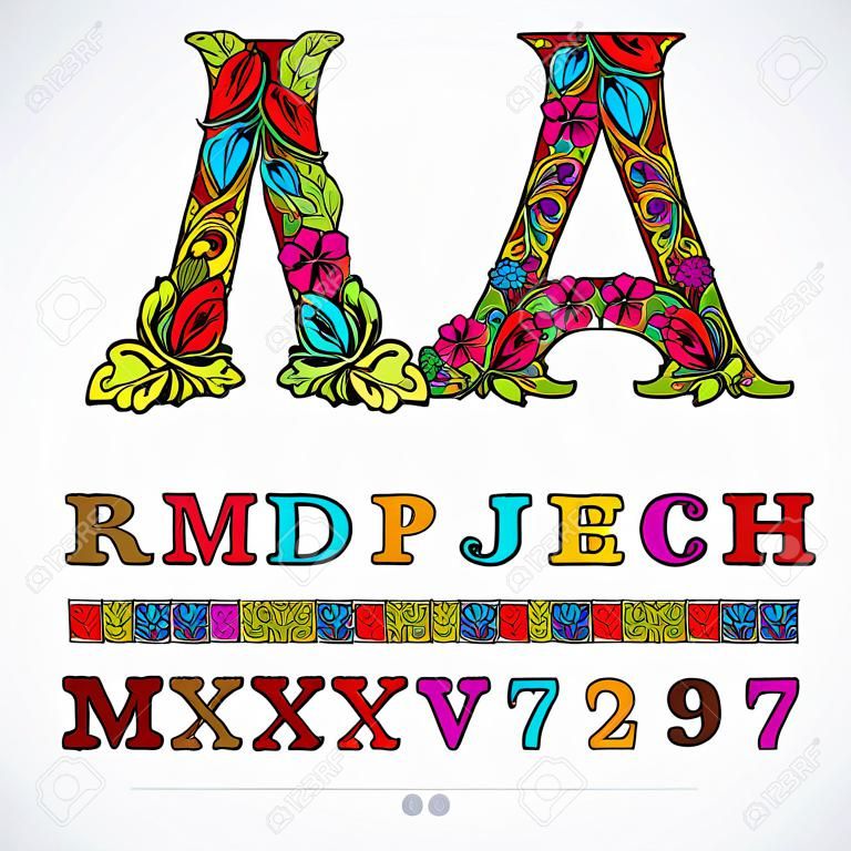 Bloemen lettertype, met de hand getekend vector hoofdletter alfabet letters versierd met botanisch patroon. Kleurrijke sierschrift, vintage design letters.