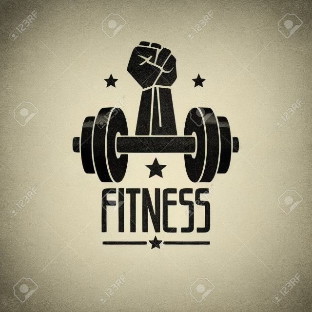 健身房和健身标志模板复古风格的矢量徽章与杠铃和有力的拳头