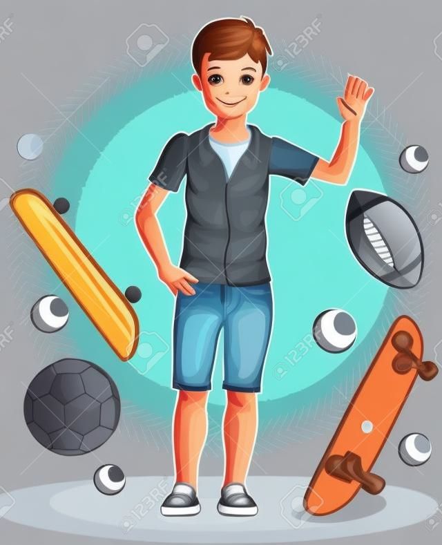 Menino bonito adolescente que está vestindo roupas casuais da moda. Ilustração atraente do menino do vetor. Clipart do tema da forma.
