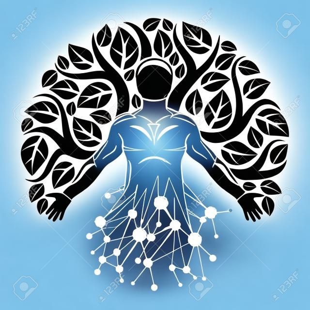 Вектор индивидуальный, мистический персонаж, выполненный с каркасной сеткой и листьями экологического дерева. Взаимодействие человека, науки и экологии, технологический и природный баланс.