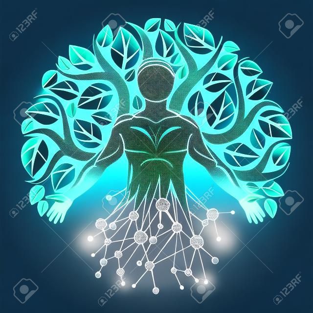 Vektor egyedi, misztikus karakter drótkeret hálóval és eco fa levelekkel készült. Emberi, tudományos és ökológiai interakció, technológia és természetegyensúly.