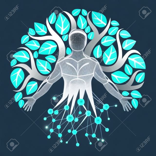 와이어 프레임 메쉬 연결 및 에코 나무 잎으로 만든 벡터 개인, 신비한 캐릭터. 인간, 과학 및 생태 상호 작용, 기술 및 자연 균형
