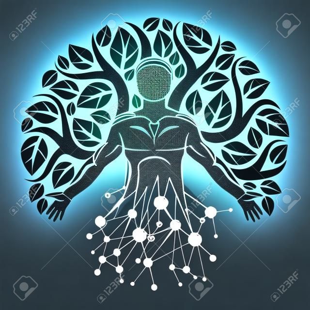 Vektor egyedi, misztikus karakter drótkeret hálóval és eco fa levelekkel készült. Emberi, tudományos és ökológiai interakció, technológia és természetegyensúly.
