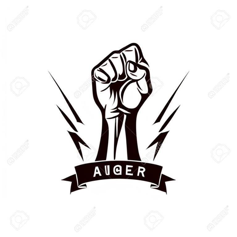 Clenched fist of angry man vector emblem. People demonstration, fighting for their rights and freedom.