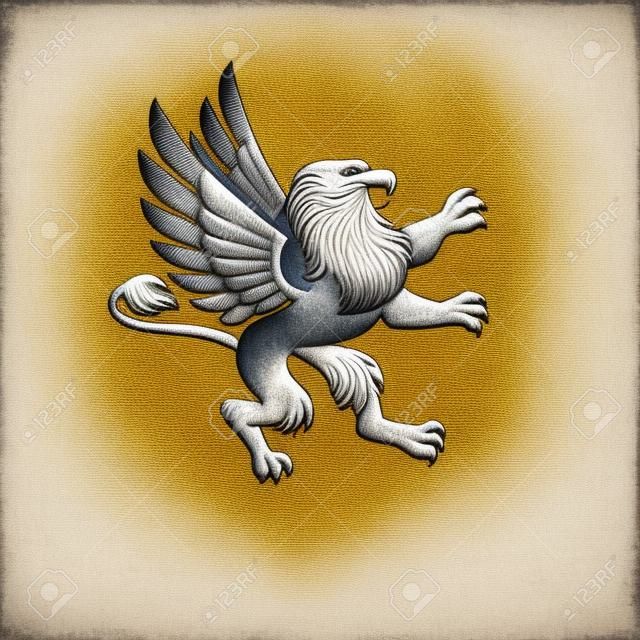 Gryphon alato, elemento dell'emblema antico animale mitico. Elemento di disegno vettoriale araldico. Etichetta stile retrò, logo araldica.