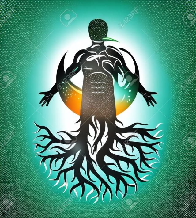Ilustração gráfica vetorial de humano musculoso, indivíduo criado com raízes de árvore e cercado por uma bola de água. Idéia de limpeza do corpo, imagem de tema de medicina alternativa.