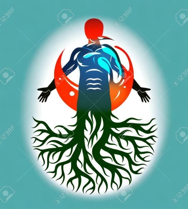 Vector graphic illustration of muscular human, individual created with tree roots and surrounded by a water ball. Body cleansing idea, alternative medicine theme picture.