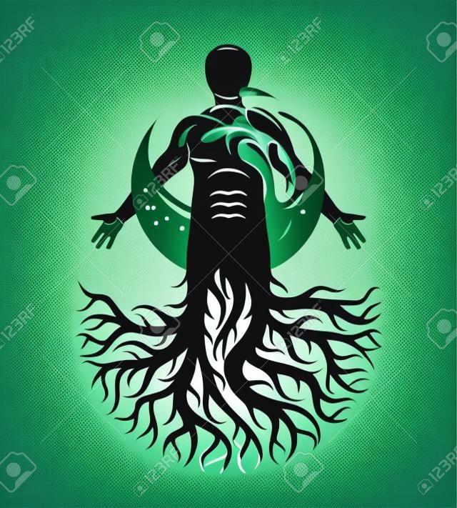 Ilustração gráfica vetorial de humano musculoso, indivíduo criado com raízes de árvore e cercado por uma bola de água. Idéia de limpeza do corpo, imagem de tema de medicina alternativa.