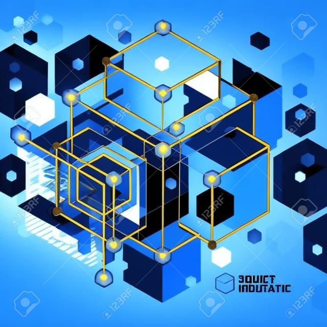 Vector drawing of blue industrial system created with lines and 3D cubes. Modern geometric composition can be used as template and layout. 