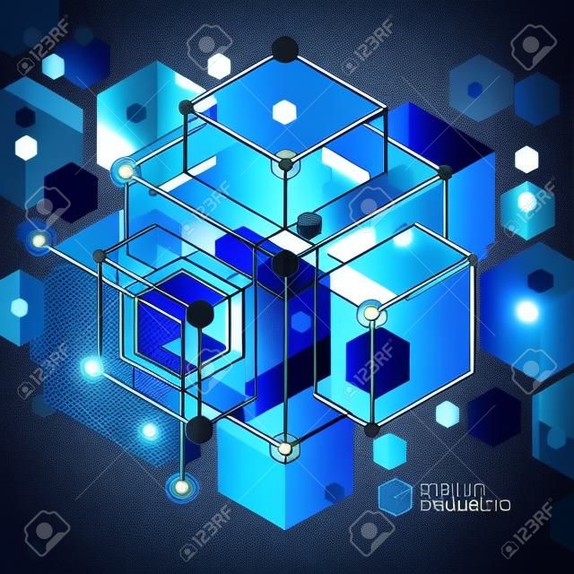 Vector drawing of blue industrial system created with lines and 3D cubes. Modern geometric composition can be used as template and layout. 