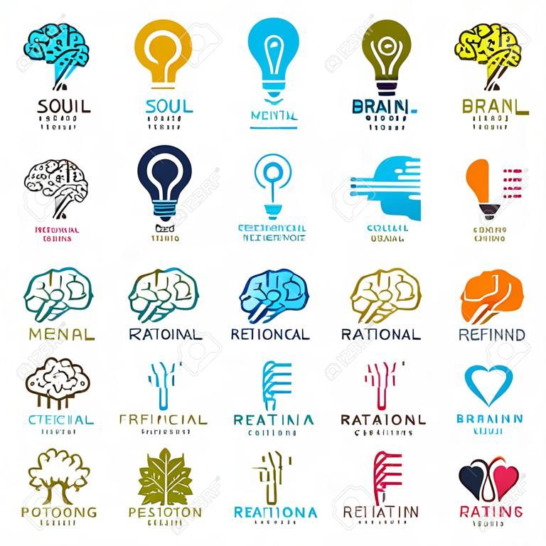 Mózg i inteligencja wektor ikony lub koncepcje logo zestaw. Sztuczna inteligencja, jasny umysł, trening mózgu, uczucia dusza kontra racjonalne myślenie, kreatywność, burza mózgów, zdrowie psychiczne.