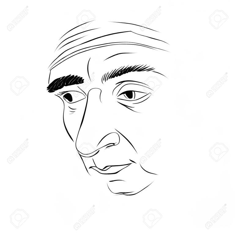 Vector drawing of drunk man or gambler with wrinkles on his forehead. Black and white portrait of tricky guy, mask with features.
