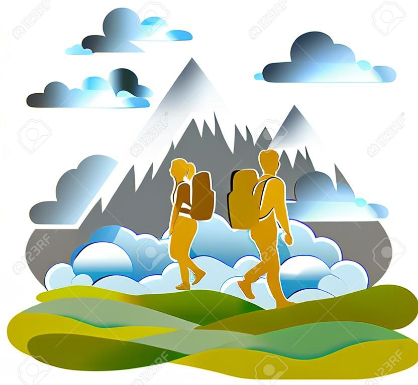 Jeune couple actif en randonnée à travers les prairies jusqu'aux montagnes, nuages dans le ciel d'été. Randonneurs de petit ami et petite amie ayant du temps de liberté dans les vacances d'été nature, illustration vectorielle.