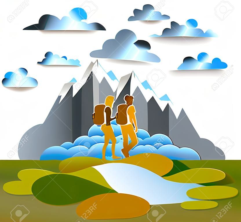 Jeune couple actif en randonnée à travers les prairies jusqu'aux montagnes, nuages dans le ciel d'été. Randonneurs de petit ami et petite amie ayant du temps de liberté dans les vacances d'été nature, illustration vectorielle.