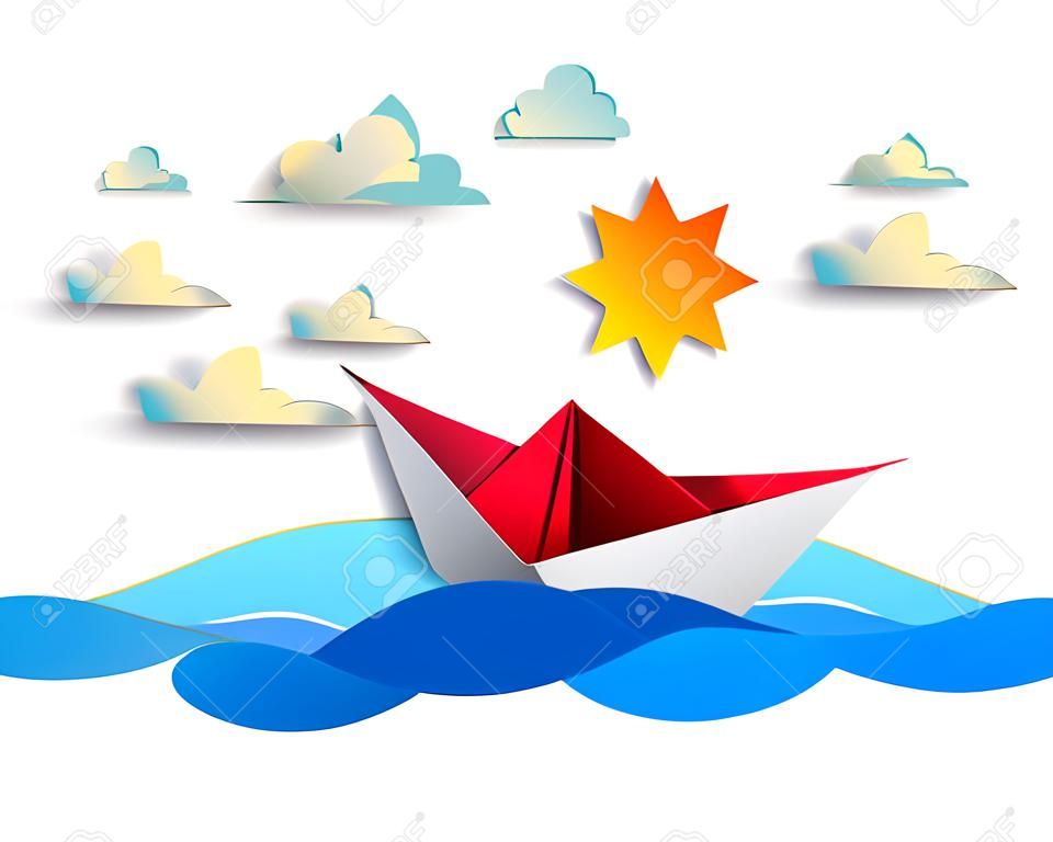 Navio de papel nadando em ondas do mar, barco de brinquedo dobrado origami flutuando no oceano com bela paisagem marítima cênica com pássaros e nuvens no céu, ilustração vetorial.