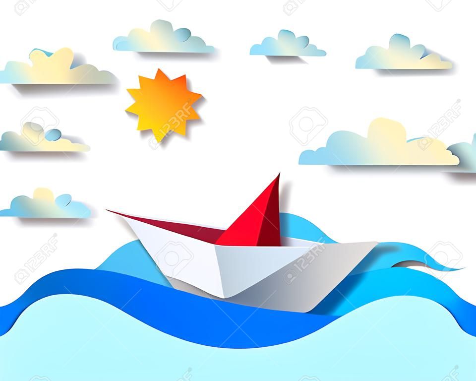 Paper ship swimming in sea waves, origami folded toy boat floating in the ocean with beautiful scenic seascape with birds and clouds in the sky, vector illustration.