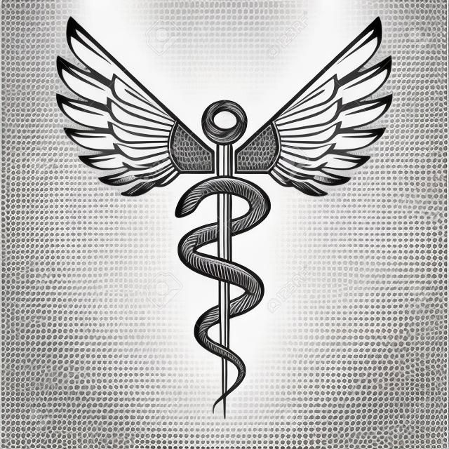 Symbol medyczny Kaduceusz, emblemat graficzny wektor stworzony ze skrzydłami i wężami.