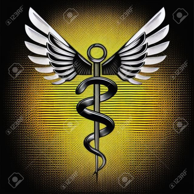 Symbol medyczny Kaduceusz, emblemat graficzny wektor stworzony ze skrzydłami i wężami.