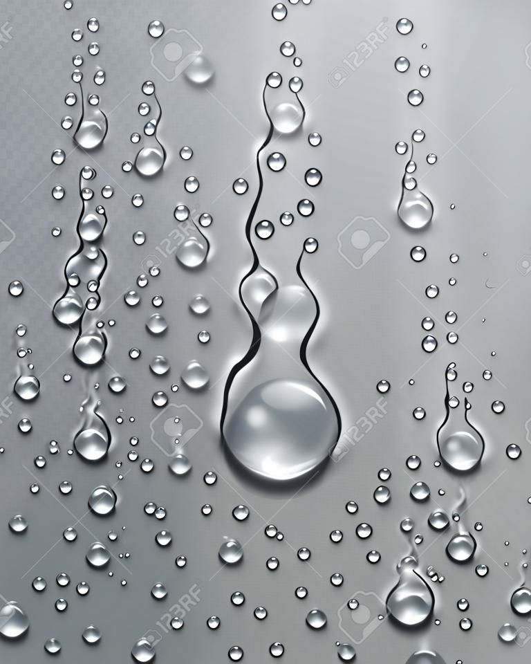 Krople deszczu lub kondensacja pod prysznicem realistyczna przezroczysta kompozycja wektorowa 3D na siatce kontrolnej przezroczystości, łatwa do umieszczenia na dowolnym tle lub użycia kropelek osobno.