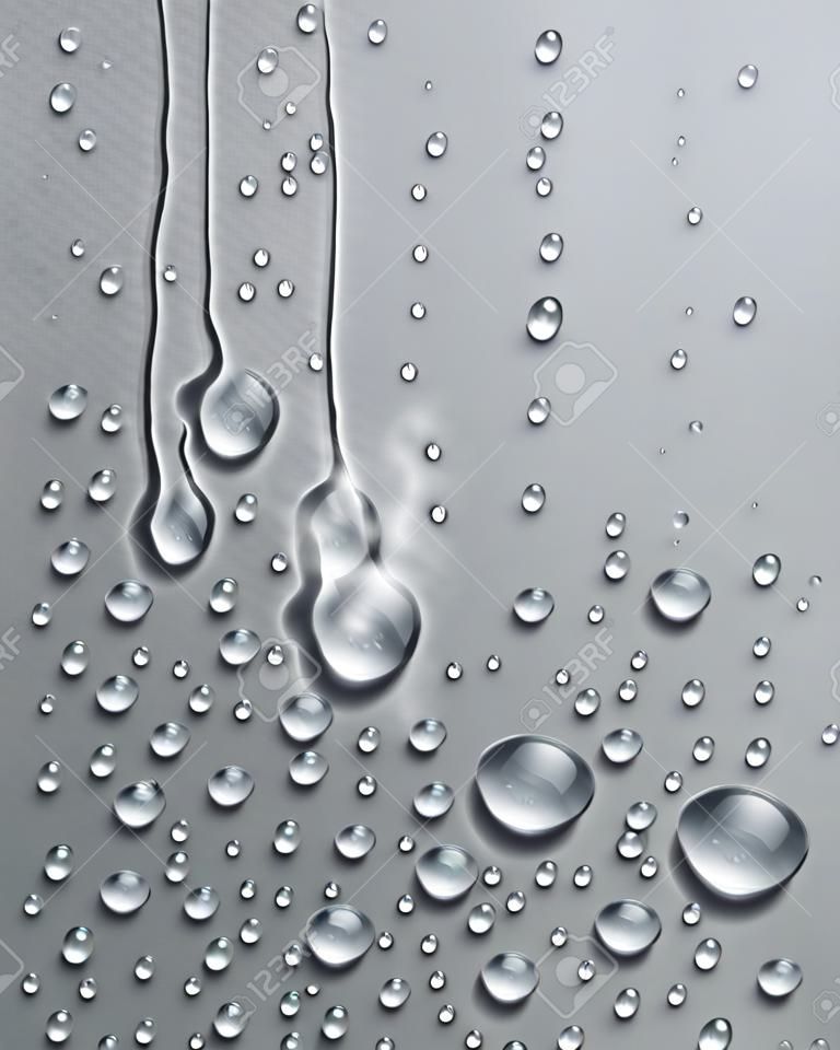 Gotas de lluvia de agua o condensación en la ducha composición vectorial 3d transparente y realista sobre la rejilla del verificador de transparencia, fácil de poner sobre cualquier fondo o usar gotitas por separado.