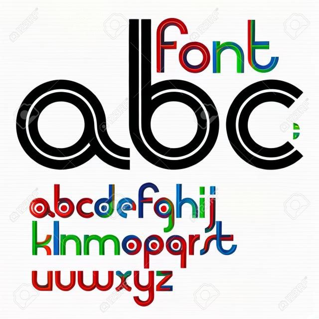 Set of vector rounded lower case English alphabet letters with white stripes, best for use in corporate logotype design.