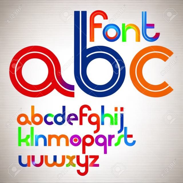 Set di lettere dell'alfabeto inglese minuscole arrotondate vettoriali con strisce bianche, ideali per l'uso nella progettazione di logotipi aziendali.