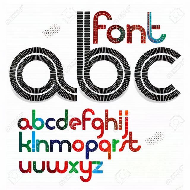 Set of vector rounded lower case English alphabet letters with white stripes, best for use in corporate logotype design.