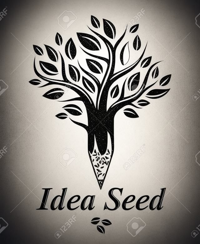 Bel arbre avec un crayon combiné en un symbole, un logo ou une icône de style classique de vecteur de concept de graine d'idée. Allégorie d'idée de virus de pensées fortes.