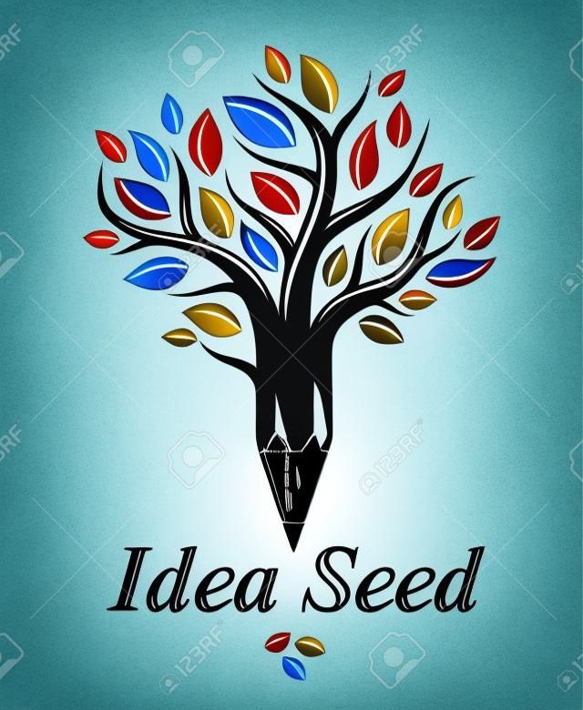 Piękne drzewo z ołówkiem połączone w symbol, koncepcja nasion pomysł wektor w klasycznym stylu logo lub ikona. Alegoria idei silnego wirusa myśli.