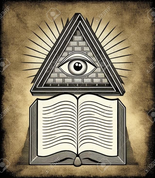 Secret knowledge vintage open book with all seeing eye of god in sacred geometry triangle, insight and enlightenment, masonry or illuminati symbol, vector or emblem design element.
